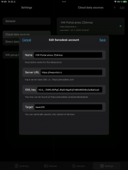 Setup and data source editing page from the SensDesk Technology portal in the iPAD environment