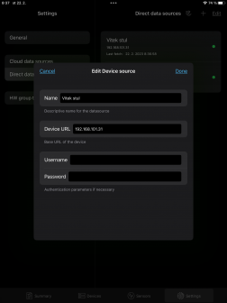 Page with detailed settings and editing of directly monitored data sources (devices) in the iPad environment
