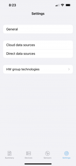 The settings page is used to add sources of values and set the source reading period - iPhone