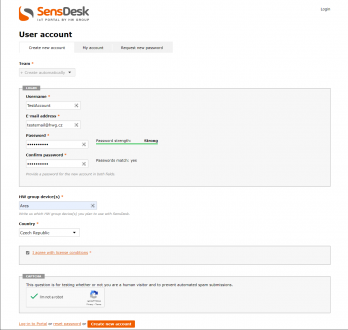 Completed form for creating a user account on Sensdesk.com