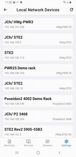 Search for HW group devices on a local network using the HWg search feature on an Android phone