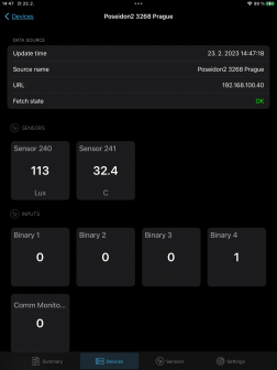 View device detail in the iPAD environment. The detail contains information about the device and an overview of its sensors, inputs and outputs