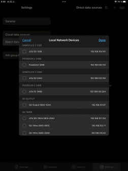 Search for HW group devices on a local network using the HWg search feature on an iPad tablet