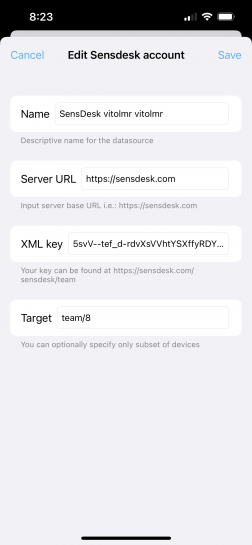 Setup and data source editing page from the SensDesk Technology portal in the iPhone environment