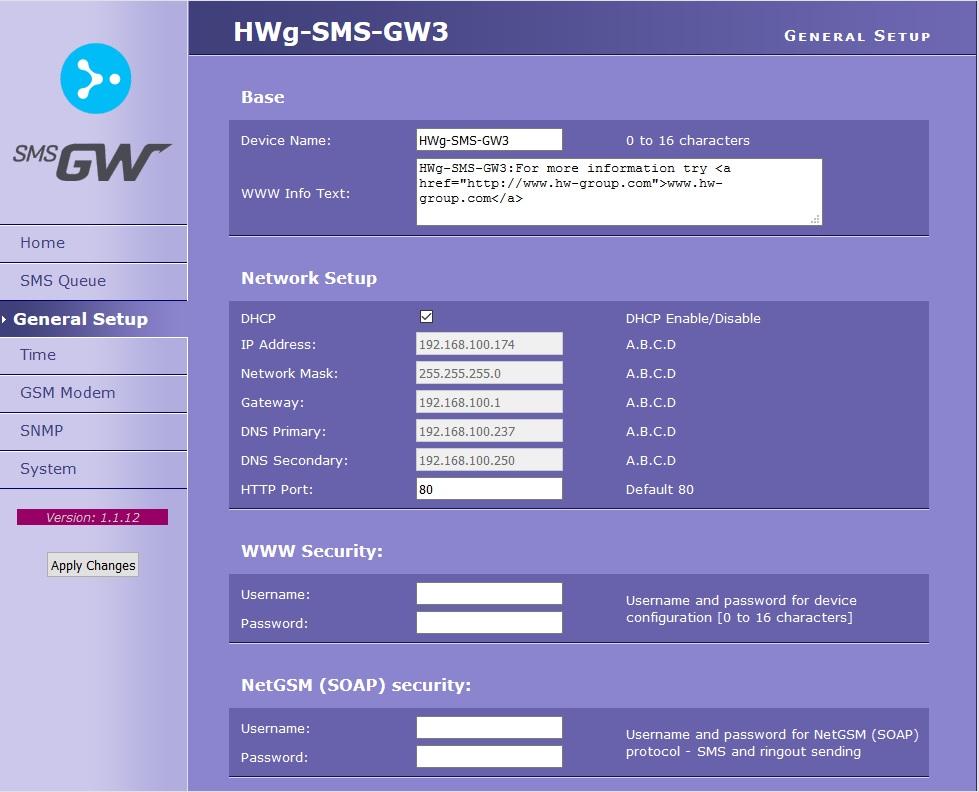 First, open the HWg-SMS-GW3 web administration at the General setup tab