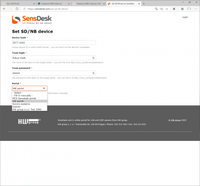 On the Set SD / NB device page it is necessary to fill in the device HAsh - a special 8-digit code which you will find on the device and then the Team and the team password and select the target portal.